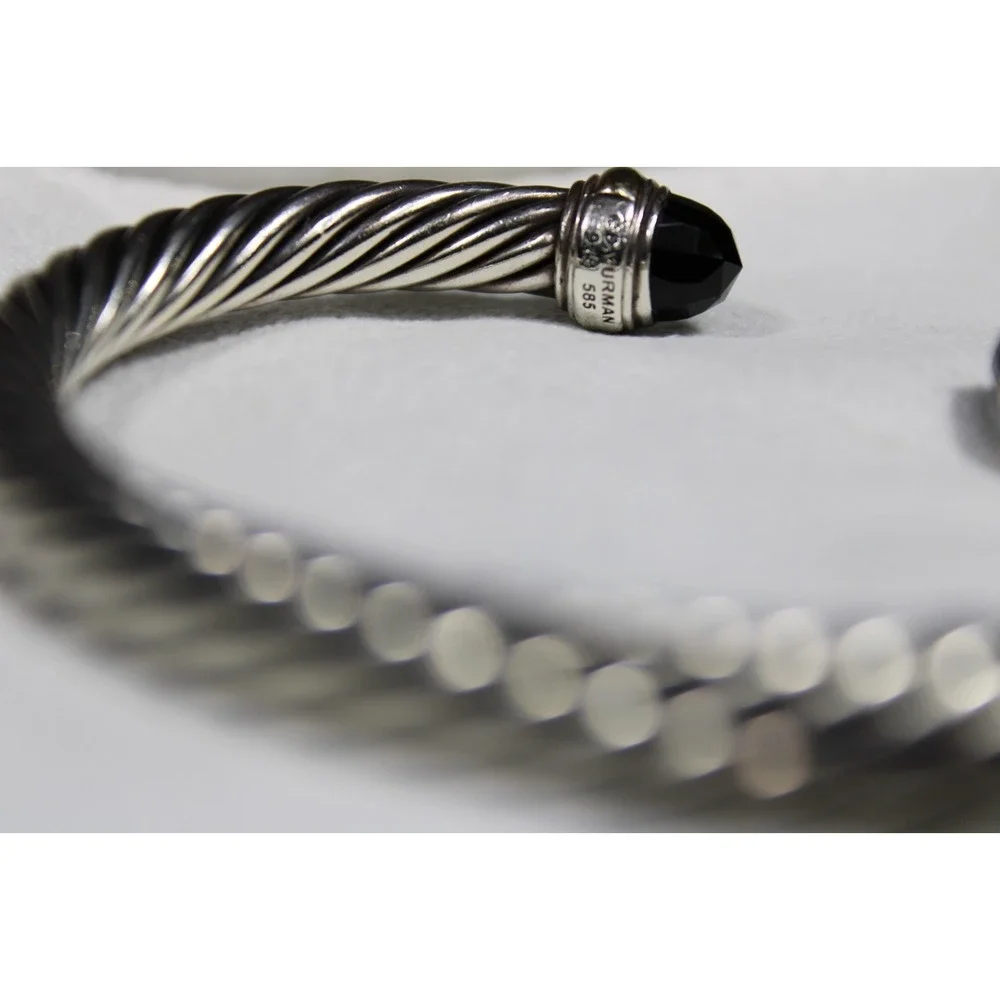 David Yurman 5mm Cable Sterling Silver Black Onyx and 14K Yellow Gold Bracelet M